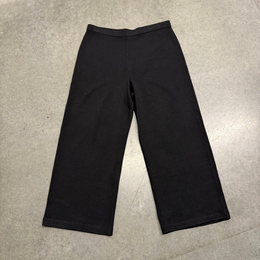 St. John Caviar Black Knit Wide Leg Cropped Pants Size 16 Santana Knit Culottes